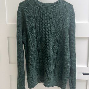 Marbled Green Men's Gently Worn Sweater with Cable Knit Detailing MEDIUM